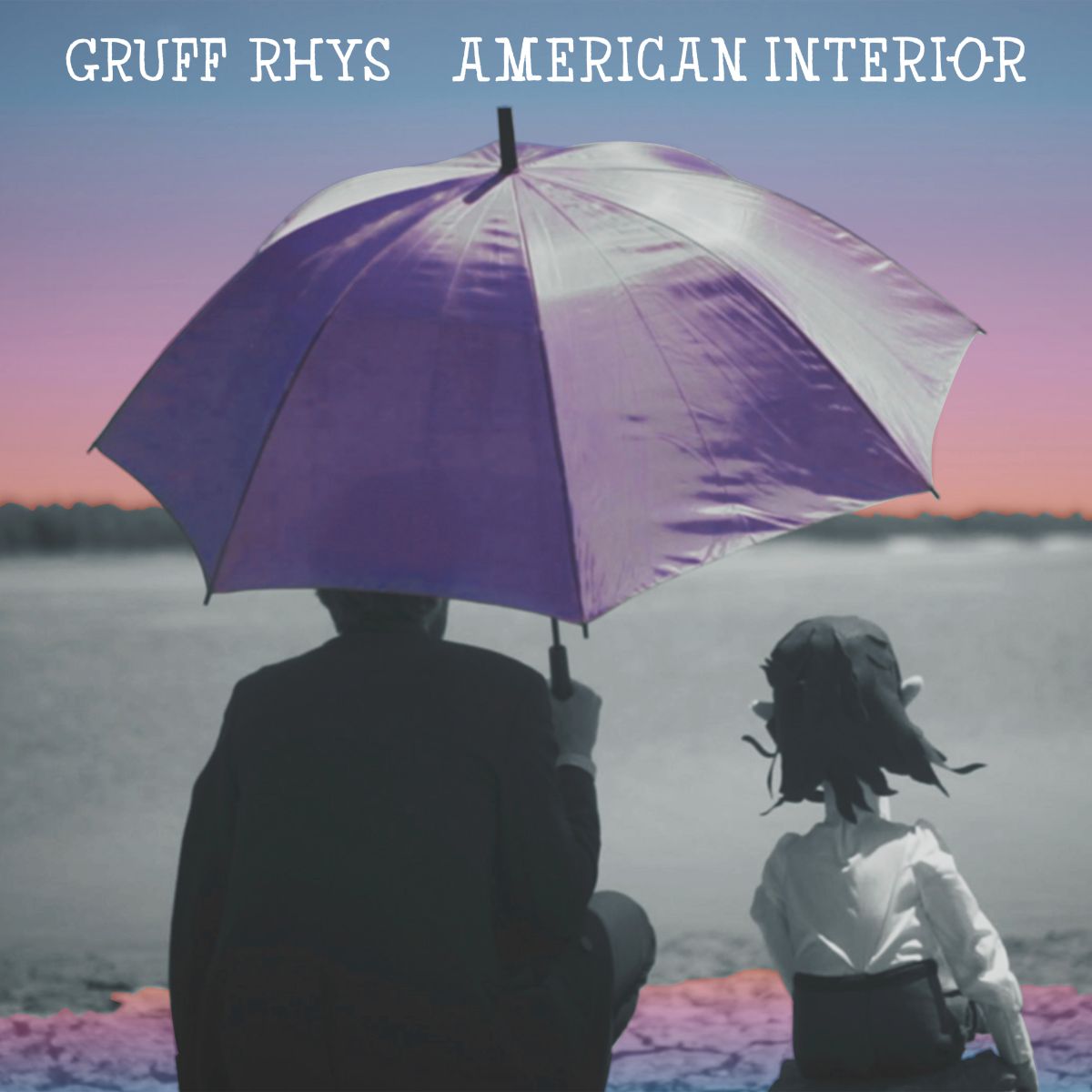Album cover: two figures with an umbrella, sunset, water.