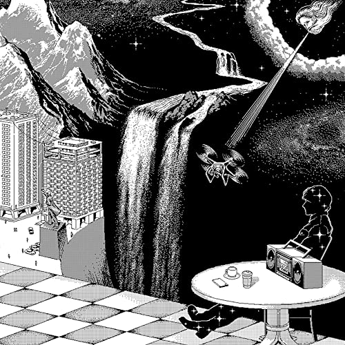 Black and white surreal illustration of a person at a table overlooking a waterfall.