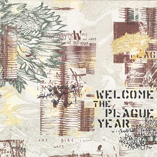 Abstract album cover with layered textures, foliage, and fragmented text.