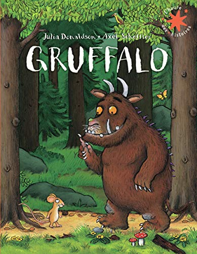 Book cover: a brown Gruffalo with a mouse in a forest.
