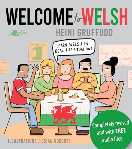 Cartoon cover of "Welcome to Welsh" language learning book with people at a table.