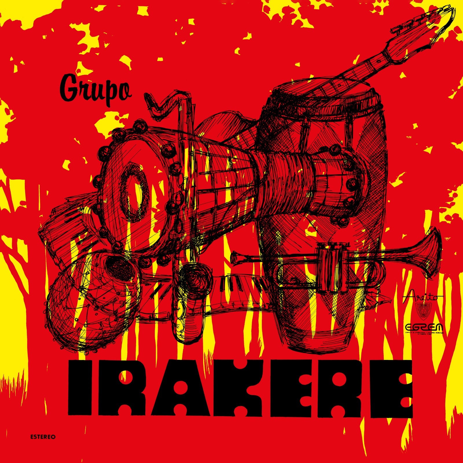 CD cover for Grupo Irakere, featuring sketched musical instruments on red and yellow.