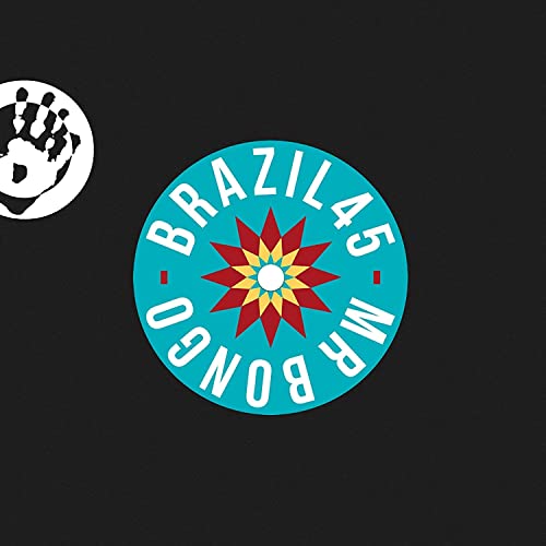 Vinyl record cover with a teal circle, red starburst, and handprint.