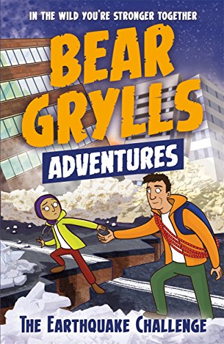 Book cover illustration of Bear Grylls helping a girl across a cracked earthquake road.