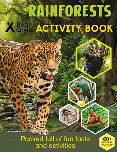 Rainforest activity book cover featuring a jaguar, Bear Grylls, and other animals.