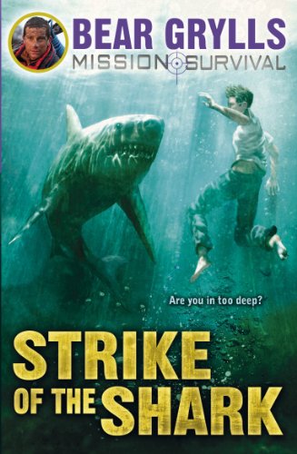 Book cover: boy underwater facing a large shark, blue tones.