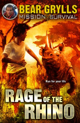 Boy running from charging rhinoceros on book cover, fiery background.
