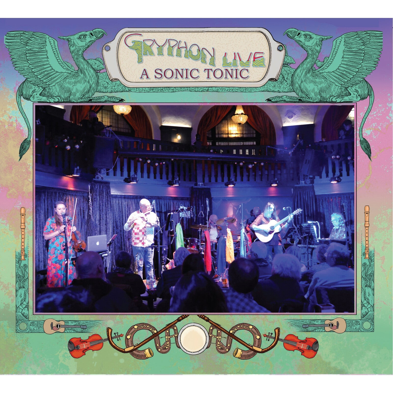 CD cover for Gryphon Live, featuring a band performing on stage.