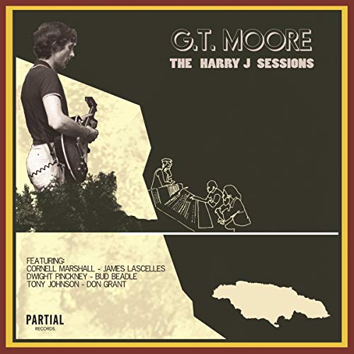 Record album cover featuring a musician with guitar and Jamaican outline.