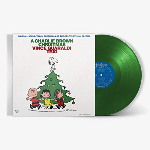 A Charlie Brown Christmas" vinyl record with green disc and cover art.
