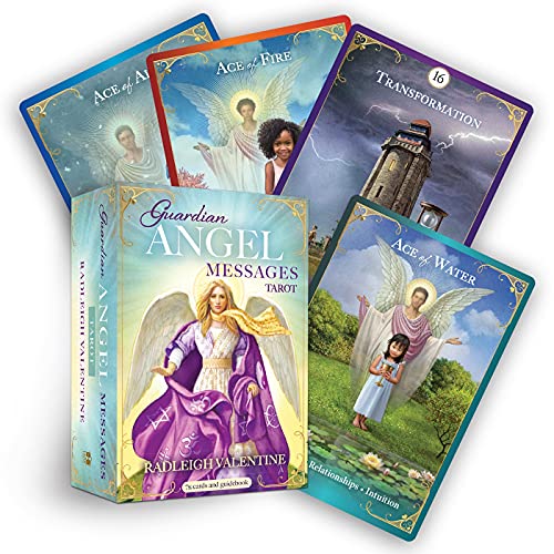 Guardian Angel Messages Tarot deck box with four illustrated cards fanned out behind it.