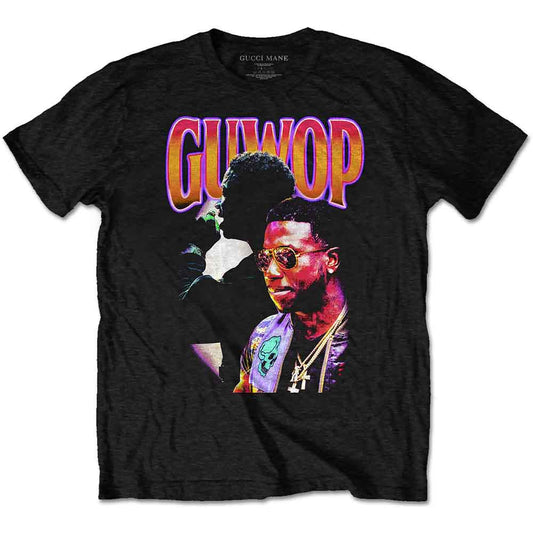 Black t-shirt with a collage of Gucci Mane and the word "GUWOP".