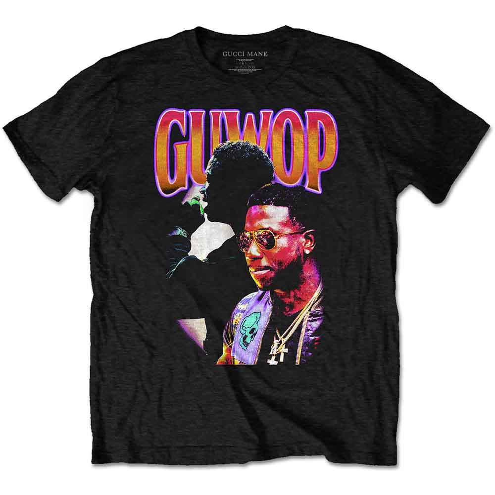 Black t-shirt with a collage of Gucci Mane and the word "GUWOP".