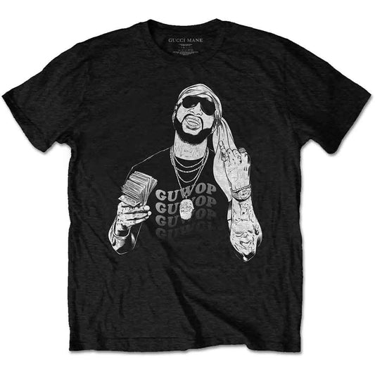 Black t-shirt with a graphic of Gucci Mane holding cards, “GUWOP” text.