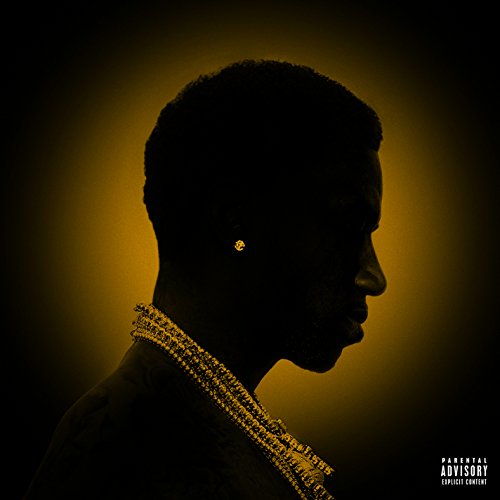 Silhouetted profile of Gucci Mane wearing a gold chain, yellow background.