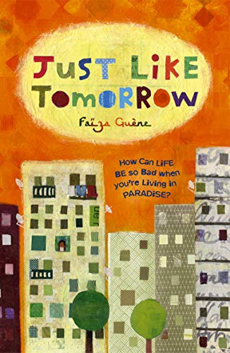 Book cover with colorful lettering, buildings, and trees in a collage style.