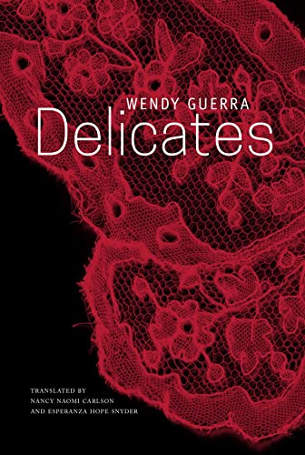 Book cover: "Delicates" with a red lace pattern background.