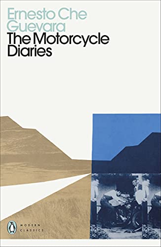 Book cover: “The Motorcycle Diaries” with abstract landscape and motorcycle image.