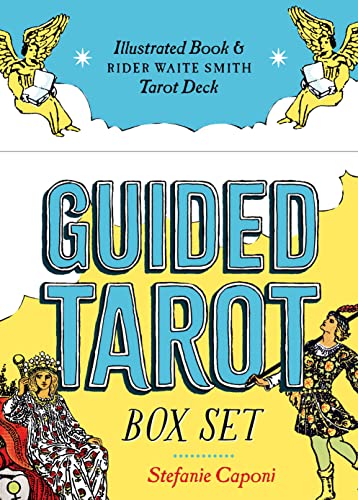 Tarot box set cover with illustrated angels, figures, and bold text.