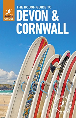 Book cover for The Rough Guide to Devon & Cornwall featuring surfboards on beach.