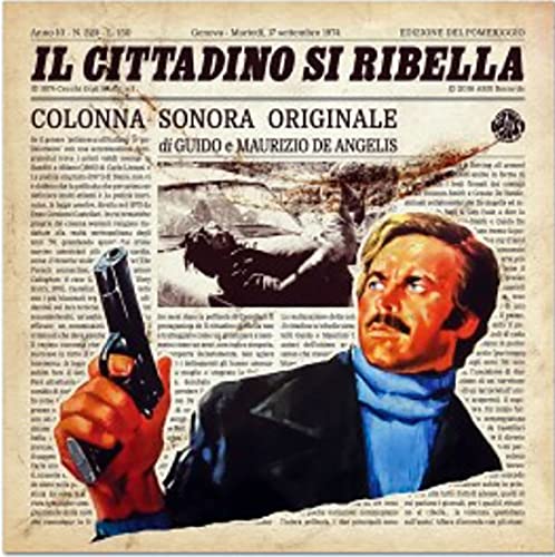 Vinyl record cover featuring a man with a gun and newspaper text.