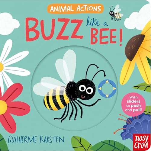 Book cover depicting a bee with interactive slider, flowers, and text.
