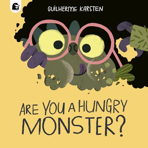 Green monster with pink glasses and a protruding tongue on a yellow background.