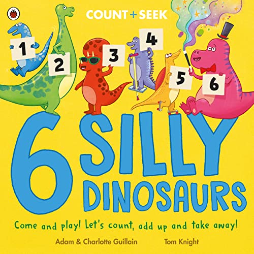 Colorful dinosaurs numbered one to six on a bright yellow background.