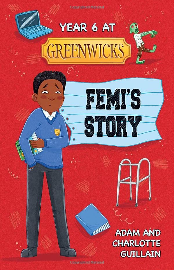 Book cover featuring a boy with a book, and cartoon illustrations.