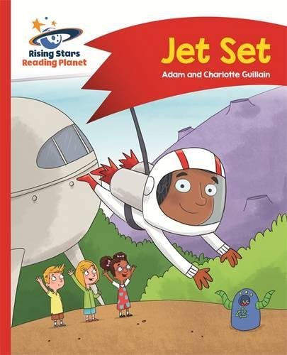 Book cover: astronaut child flies over waving children and a green alien.