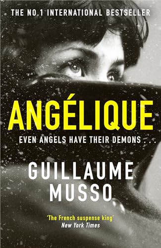 Book cover: close-up of a woman’s eye, dark background, bold yellow title “ANGÉLIQUE”.