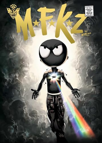 Comic book cover featuring a black-suited figure with a rainbow beam.