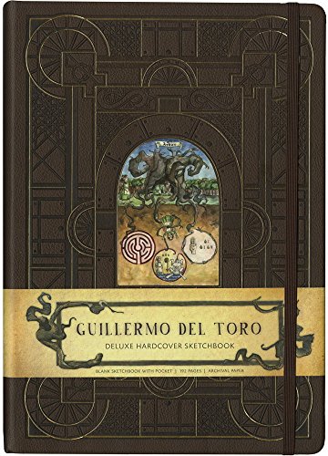 Brown hardcover sketchbook with an ornate embossed cover, central illustration, and a paper band.
