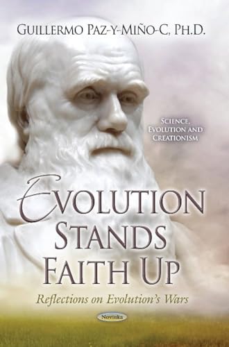 Book cover featuring a bust of Charles Darwin and title "Evolution Stands Faith Up".