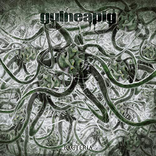 Abstract green and white tangled organic shapes with the text Guineapig and Bacteria.