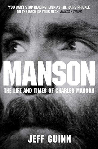 Book cover: close-up of Charles Manson’s face with bold white “MANSON” text.