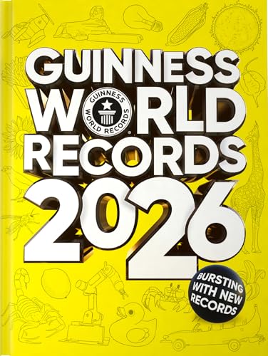 Bright yellow book cover with Guinness World Records 2026 title and various line-art illustrations.