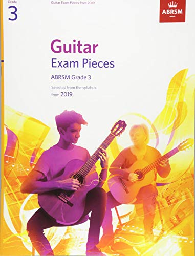 Cover of ABRSM Grade 3 Guitar Exam Pieces book featuring two people playing guitars.