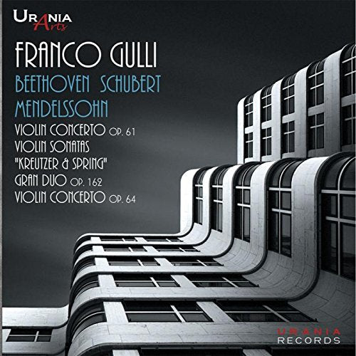 "CD cover with modern building and classical composer names in white and blue text."