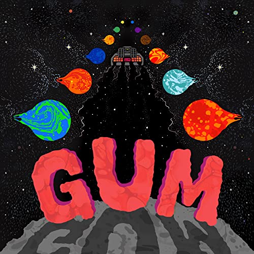 A car drives through space past colorful planets above large pink bubblegum-style text.