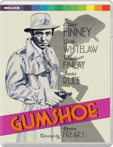Blu-ray cover for "Gumshoe" featuring Albert Finney in a trench coat.