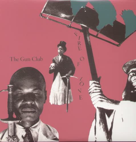 Vinyl cover with black and white collage figures on a solid pink background.