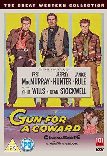 DVD cover for the western film Gun for a Coward featuring three standing men.