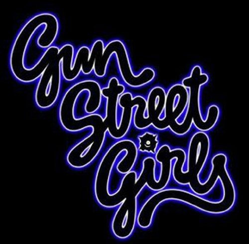 Neon blue cursive text reading “Gun Street Girls” with gun sights.