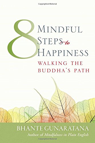 Book cover with large green "8", title "Eight Mindful Steps to Happiness", and leaves.