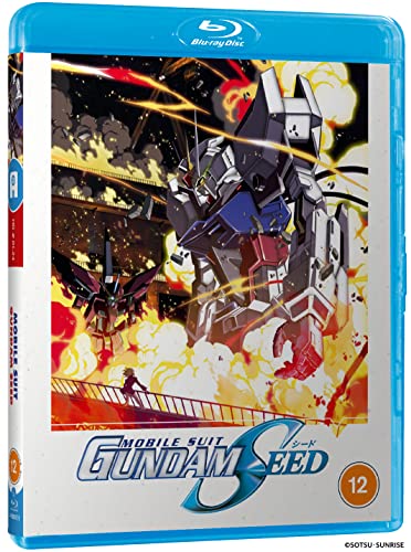 Blu-ray case cover featuring Gundam robots in a battle scene with explosions and fire.