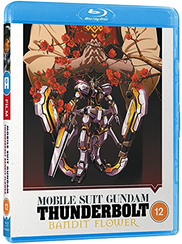 Blu-ray cover for "Gundam Thunderbolt: Bandit Flower" featuring a white Gundam and flowers.