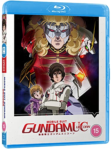 Gundam Unicorn Blu-ray cover featuring characters and a masked figure against a dark background.