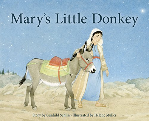 Mary walks beside a small donkey in a desert landscape under a starry sky.