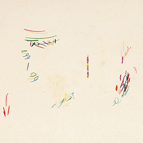 Abstract colorful scribbles and lines on a beige vinyl record cover.